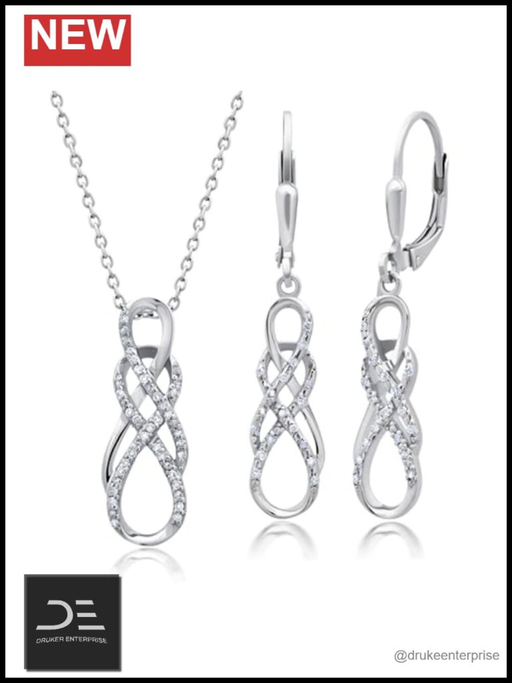 Sterling Silver Diamond Infinity Pendant Necklace and Dangle Earrings Set for